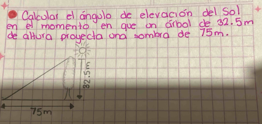 Calcolar e angulo de elevacion del sol 
en e momento en gue on ǎibol de 32. 5m
de altura proyecta ond sombra de 75m.