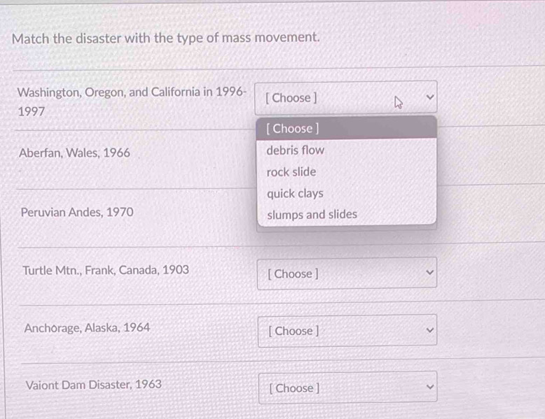 Match the disaster with the type of mass movement.
Washington, Oregon, and California in 1996- [ Choose ]
1997
[ Choose ]
Aberfan, Wales, 1966 debris flow
rock slide
quick clays
Peruvian Andes, 1970 slumps and slides
Turtle Mtn., Frank, Canada, 1903 [ Choose ]
Anchorage, Alaska, 1964 [ Choose ]
Vaiont Dam Disaster, 1963 [ Choose ]