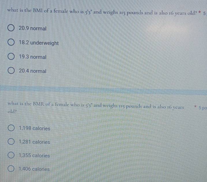 Solved: what is the BMI of a female who is 5'3' ' and weighs 115 pounds ...