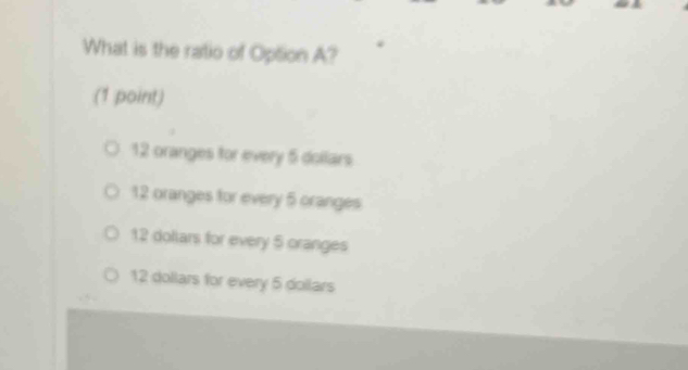 What is the ratio of Option A?
(1 point)
12 oranges for every 5 dollars
12 oranges for every 5 oranges
12 doltars for every 5 oranges
12 dollars for every 5 dollars