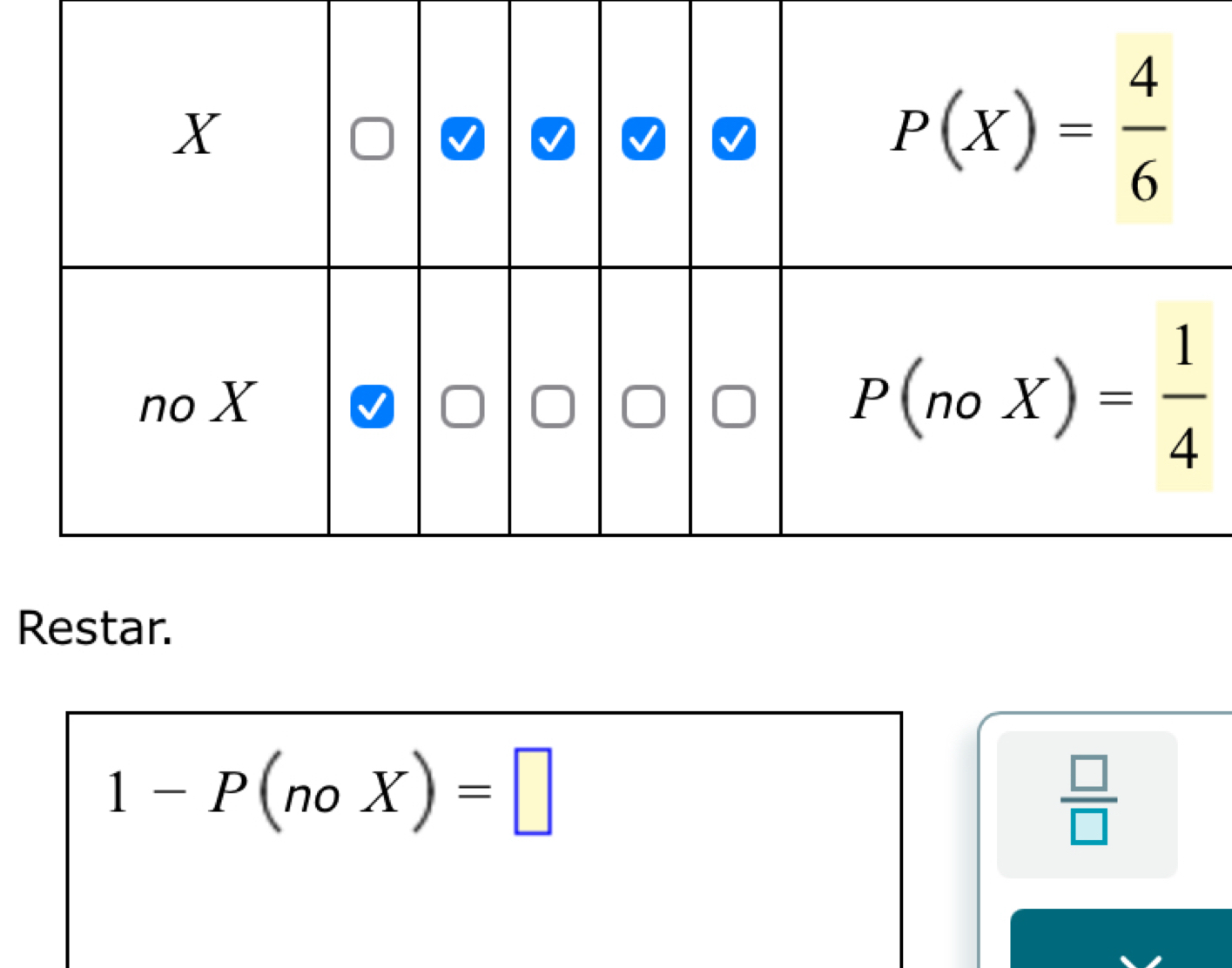 Restar.
1-P(noX)=□
 □ /□  