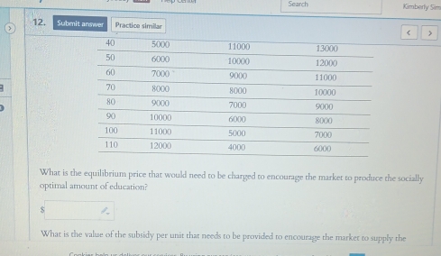 Search Kimberly Sim 
12. Submit answer Practice similar < > 
What is the equilibrium price that would need to be charged to encourage the market to produce the socially 
optimal amount of education? 
$ 
What is the value of the subsidy per unit that needs to be provided to encourage the market to supply the