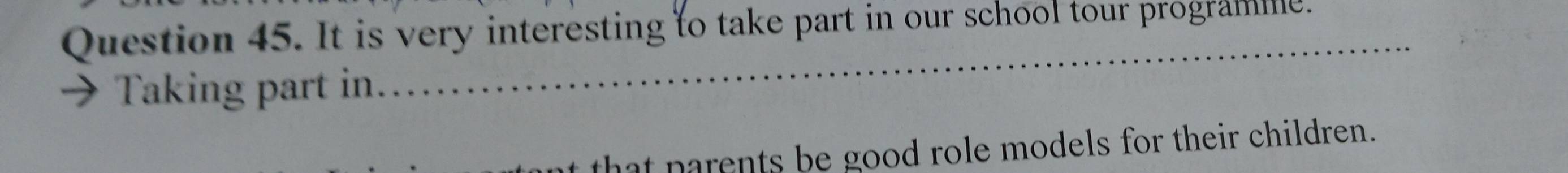 It is very interesting to take part in our school tour programie. 
Taking part in. 
_ 
that parents be good role models for their children.