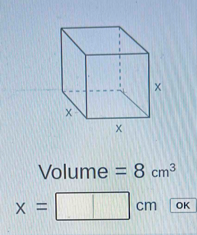 Volume =8cm^3
x=□ cm OK