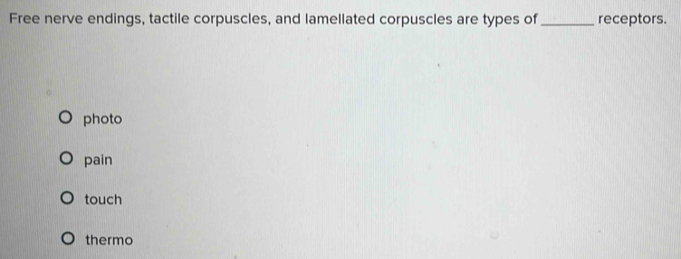 Free nerve endings, tactile corpuscles, and lamellated corpuscles are types of _receptors.
photo
pain
touch
thermo