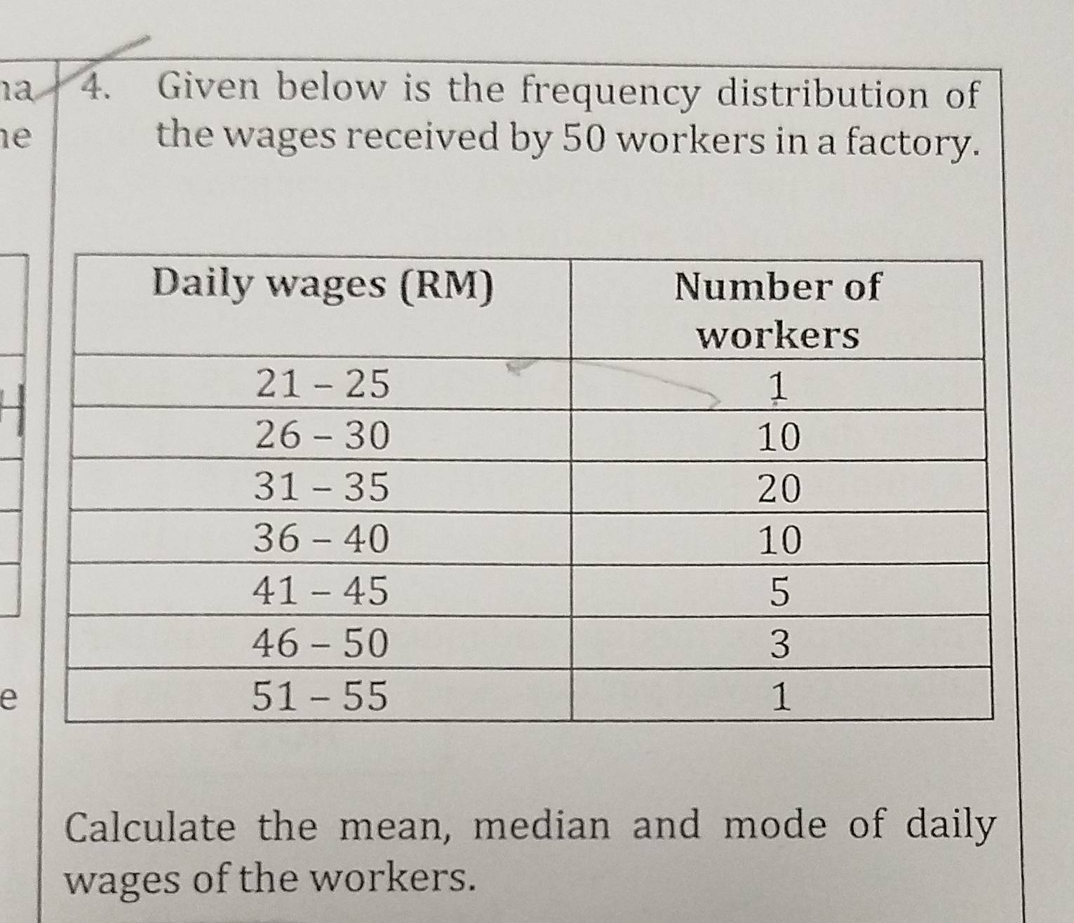 1a 4. Given below is the frequency distribution of 
1e the wages received by 50 workers in a factory. 
e 
Calculate the mean, median and mode of daily 
wages of the workers.