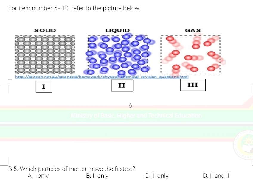 For item number 5- 10, refer to the picture below.
6
her and Technical Education
B 5. Which particles of matter move the fastest?
A. I only B. II only C. III only D. II and III