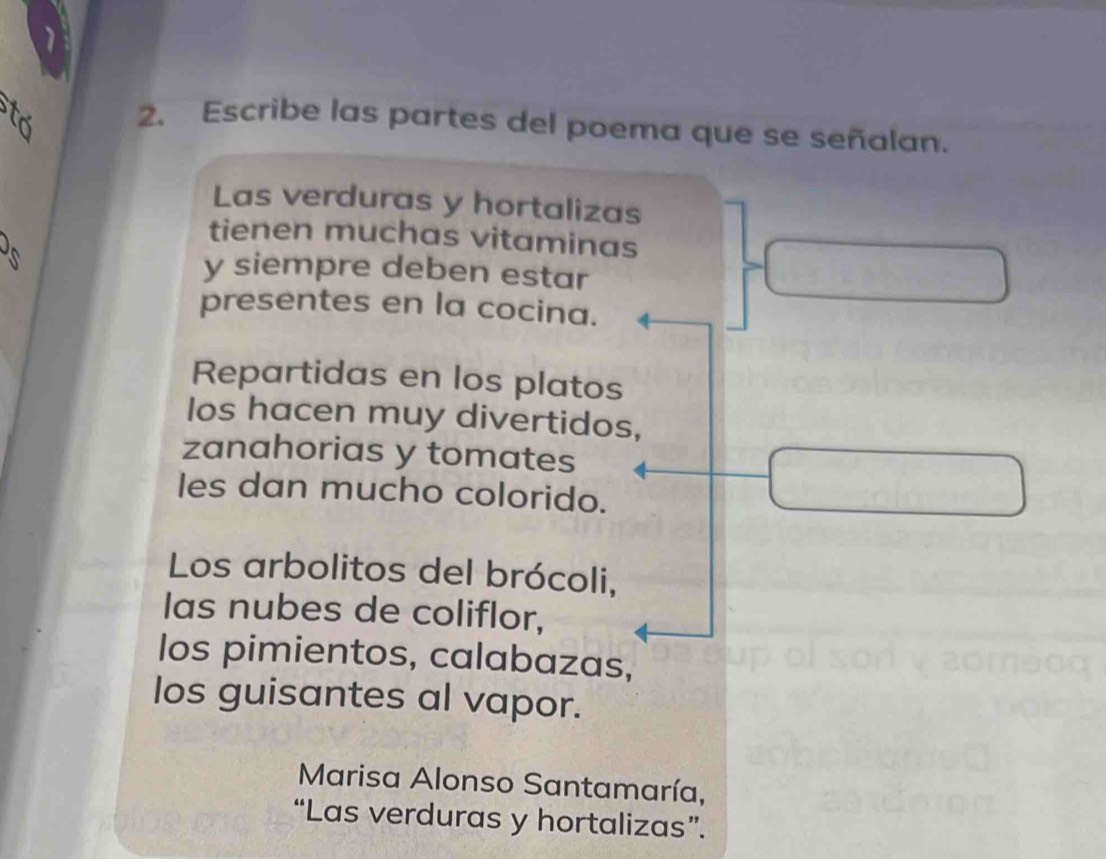 a 2. Escribe las partes del poema que se señalan. 
Las verduras y hortalizas 
tienen muchas vitaminas 
y siempre deben estar 
presentes en la cocina. 
Repartidas en los platos 
Ios hacen muy divertidos, 
zanahorias y tomates 
les dan mucho colorido. 
Los arbolitos del brócoli, 
las nubes de coliflor, 
los pimientos, calabazas, 
los guisantes al vapor. 
Marisa Alonso Santamaría, 
“Las verduras y hortalizas”.