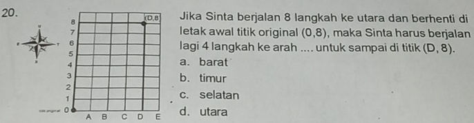 Jika Sinta berjalan 8 langkah ke utara dan berhenti di
8 (D,8
7
letak awal titik original (0,8) , maka Sinta harus berjalan
6
5
lagi 4 langkah ke arah .... untuk sampai di titik (D,8). 
4
a. barat
3 b. timur
2
1
c. selatan
0 d. utara
A B C D E