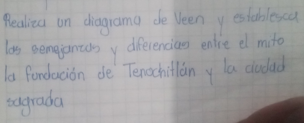 Healiea on diagrama de Veen y establesca 
los semejancasy differenciaes entre el mito 
a fondacion de Tenochitlany la cludad 
sagrada