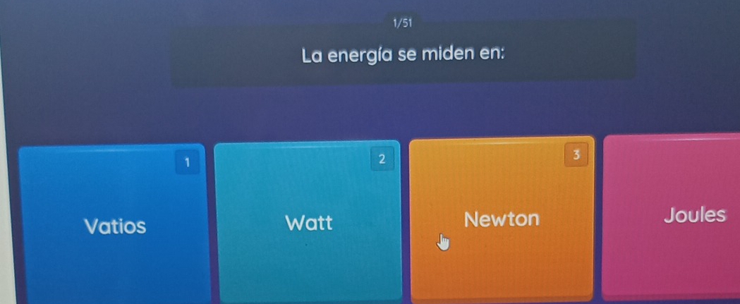 1/51
La energía se miden en:
1
2
3
Vatios Watt Newton Joules