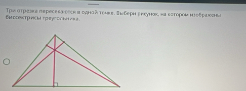 Τри отрезка пересекаюотся в одной точке. Выбери рисунок, на κотором изображены 
биссектрисы треугольника.