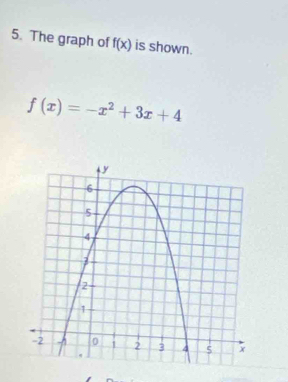 The graph of f(x) is shown.
f(x)=-x^2+3x+4