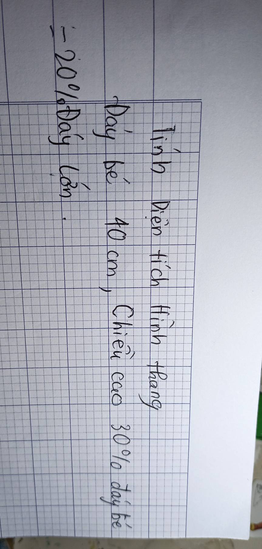 linh Dien tich Hinh flong
Day be 40 cm, Chien cao 30% day bè
=20% Day can