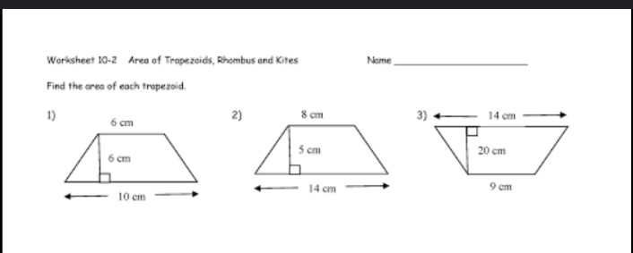 Worksheet 10-2 Area of Trapezoids, Rhombus and Kites Nome_ 
Find the ares of each trapezoid 
1) 
2)