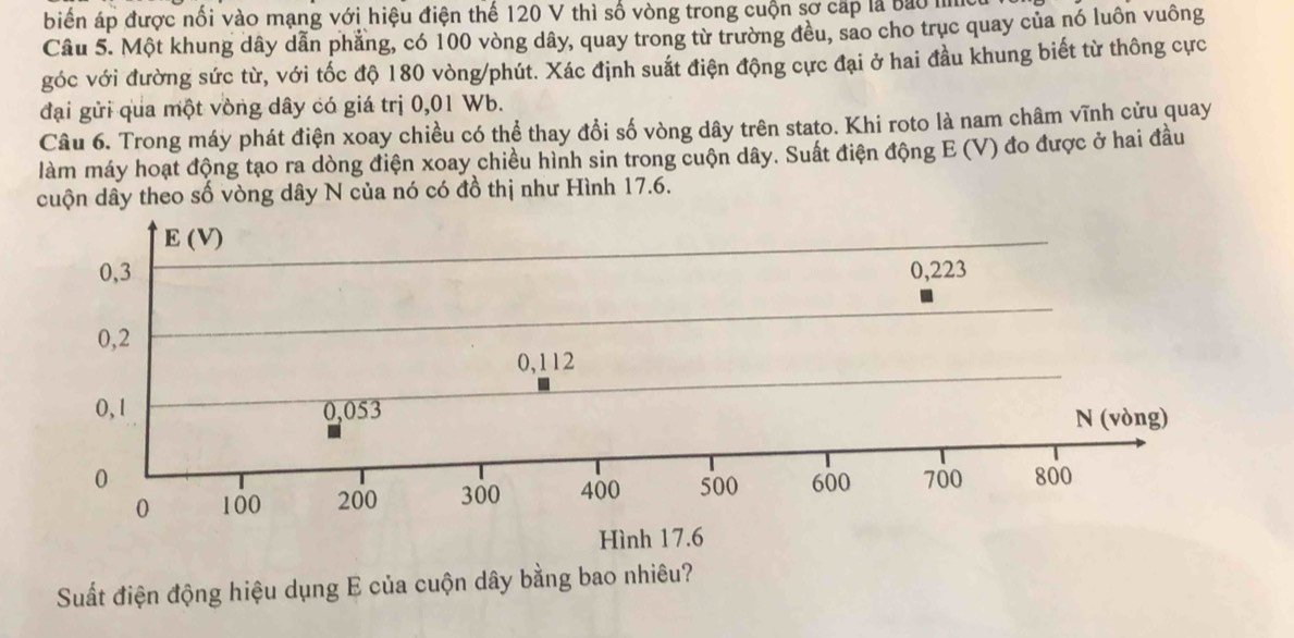 biển áp được nối vào mạng với hiệu điện thế 120 V thì số vòng trong cuộn sơ cấp là bào I
Câu 5. Một khung dây dẫn phẳng, có 100 vòng dây, quay trong từ trường đều, sao cho trục quay của nó luôn vuông
góc với đường sức từ, với tốc độ 180 vòng /phút. Xác định suất điện động cực đại ở hai đầu khung biết từ thông cực
đại gửi qua một vòng dây có giá trị 0,01 Wb.
Câu 6. Trong máy phát điện xoay chiều có thể thay đổi số vòng dây trên stato. Khi roto là nam châm vĩnh cửu quay
làm máy hoạt động tạo ra dòng điện xoay chiều hình sin trong cuộn dây. Suất điện động E (V) đo được ở hai đầu
cuộn dây theo số vòng dây N của nó có đồ thị như Hình 17.6.
E (V)
0,3 0,223
0,2
0,112
0,1 0,053
N (vòng)
0 600 700 800
0 100 200 300 400 500
Hình 17.6
Suất điện động hiệu dụng E của cuộn dây bằng bao nhiêu?