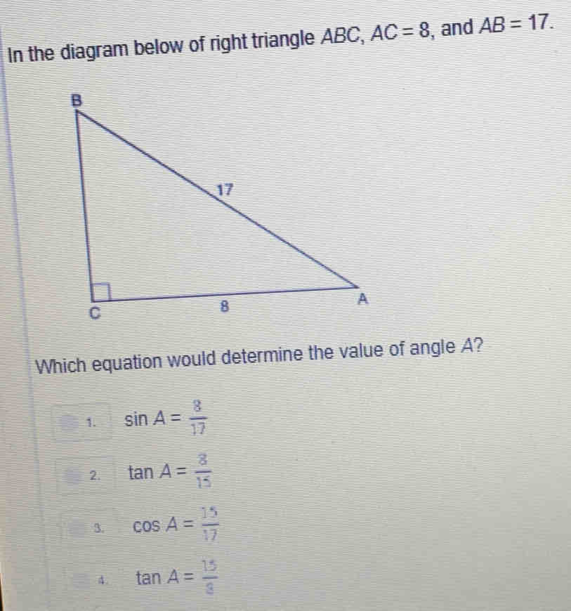 Solved: In the diagram below of right triangle ABC,, AC=8 , and AB=17 ...