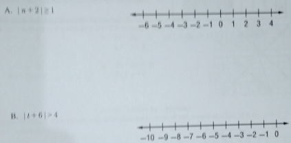 |n+2|≥ 1
B. |t+6|>4
-10 -9 -8 -7 -6 -5 -4 -3 -2 -1 0