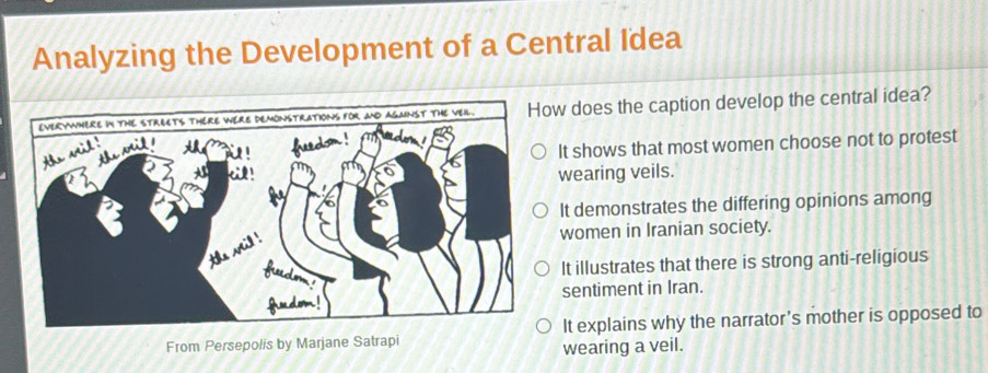 Analyzing the Development of a Central Idea
does the caption develop the central idea?
t shows that most women choose not to protest
earing veils.
t demonstrates the differing opinions among
women in Iranian society.
It illustrates that there is strong anti-religious
sentiment in Iran.
From Persepolis by Marjane Satrapi It explains why the narrator's mother is opposed to
wearing a veil.