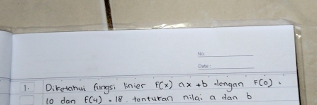 Dikotahui fungsi linier f(x)ax+b dengan F(0)·
10 dan f(4)=18. tonturan nilai a dan b