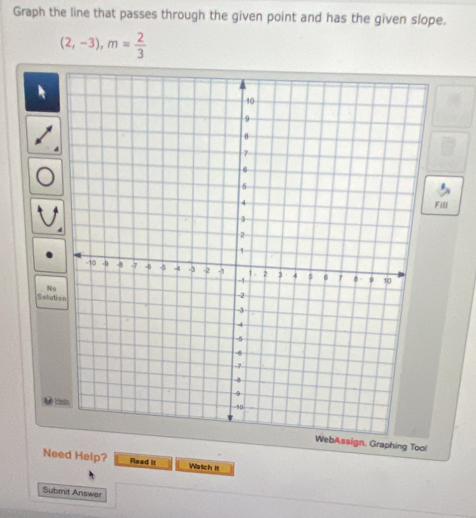 Graph the line that passes through the given point and has the given slope.
(2,-3), m= 2/3 
Fill 
No 
Solution 
H 
ssign, Graphing Tool 
Need Help? Read it Watch It 
Submit Answer