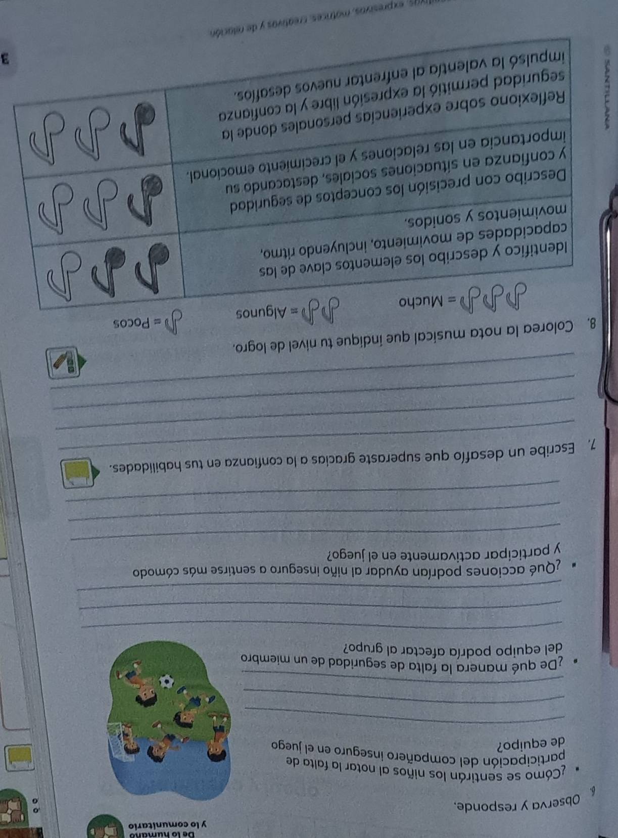 lo comunitario 
6 Observa y responde. 
¿Cómo se sentirán los niños al notar la falta de 
participación del compañero inseguro en el juego 
de equipo? 
_ 
_ 
_ 
¿De qué manera la falta de seguridad de un miembro 
del equipo podría afectar al grupo? 
_ 
_ 
_ 
¿Qué acciones podrían ayudar al niño inseguro a sentirse más cómodo 
_ 
y participar activamente en el juego? 
_ 
_ 
_ 
7. Escribe un desafío que superaste gracias a la confianza en tus habilidades. 
_ 
_ 
_ 
8. Colorea la nota musical que indique tu nivel de logro. 
= Pocos 
3 
nrs, expresivas, matrices, creativas y de r