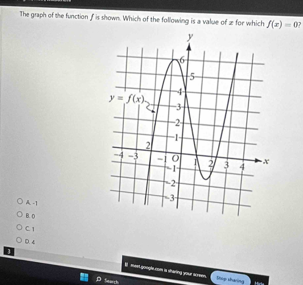 The graph of the function f is shown. Which of the following is a value of x for which f(x)=0 7
A. -1
B. O
C. 1
D. 4
B
I meet.google.com is sharing your screen. Stop sharing Hide
Search