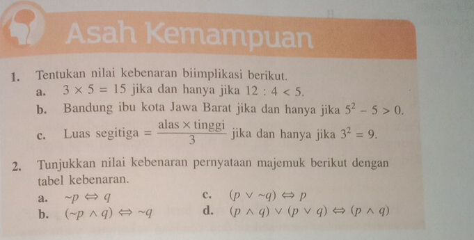 Asah Kemampuan 
1. Tentukan nilai kebenaran biimplikasi berikut. 
a. 3* 5=15 jika dan hanya jika 12:4<5</tex>. 
b. Bandung ibu kota Jawa Barat jika dan hanya jika 5^2-5>0. 
c. Luas segitiga = (alas* tinggi)/3  jika dan hanya jika 3^2=9. 
2. Tunjukkan nilai kebenaran pernyataan majemuk berikut dengan 
tabel kebenaran. 
c. 
a. sim pLeftrightarrow q (pvee sim q)Longleftrightarrow p
b. (sim pwedge q)Longleftrightarrow sim q d. (pwedge q)vee (pvee q)Longleftrightarrow (pwedge q)