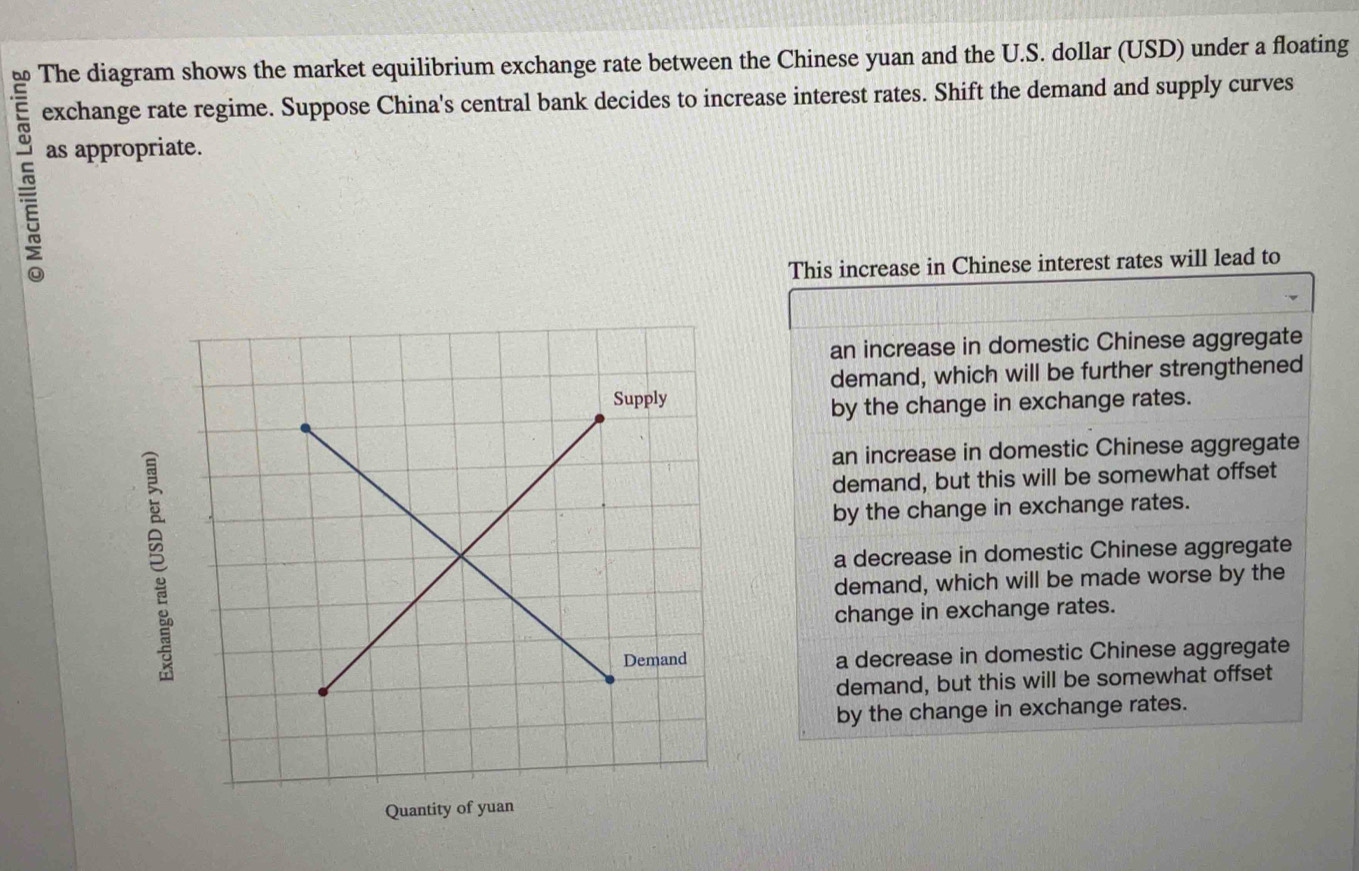 The diagram shows the market equilibrium exchange rate between the Chinese yuan and the U.S. dollar (USD) under a floating
exchange rate regime. Suppose China's central bank decides to increase interest rates. Shift the demand and supply curves
as appropriate.
This increase in Chinese interest rates will lead to
an increase in domestic Chinese aggregate
demand, which will be further strengthened
by the change in exchange rates.
an increase in domestic Chinese aggregate
demand, but this will be somewhat offset
by the change in exchange rates.
a decrease in domestic Chinese aggregate
demand, which will be made worse by the
change in exchange rates.
a decrease in domestic Chinese aggregate
demand, but this will be somewhat offset
by the change in exchange rates.