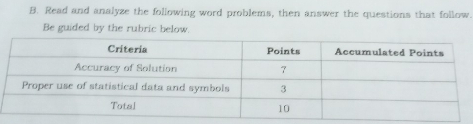 Read and analyze the following word problems, then answer the questions that follow. 
Be guided by the rubric below.