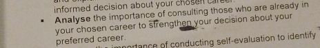 informed decision about your chosen car 
Analyse the importance of consulting those who are already in 
your chosen career to strengthen your decision about your 
preferred career. 
ortance of conducting self-evaluation to identify