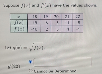 Suppose f(x) and f'(x) have the values shown.
Let g(x)=sqrt(f(x)).
g'(22)= □ □
Cannot Be Determined