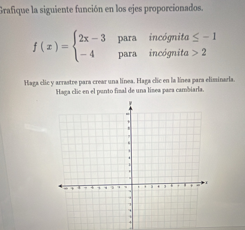 Grafique la siguiente función en los ejes proporcionados. 
inc ognitc ≤ -1
f(x)=beginarrayl 2x-3para -4paraendarray. incógr 22 ta 2
Haga clic y arrastre para crear una línea. Haga clic en la línea para eliminarla. 
Haga clic en el punto final de una línea para cambiarla.
-7