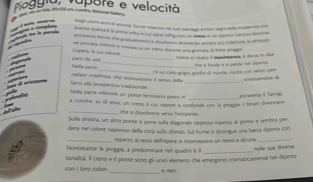 Pioggla rupore e velocità
14, ae su tela, 1x122 cm. Londra, National Galery
ggi il testo, auservo Niegl ultm anvi ol actsitá, Turner inserisce nes suci paelagai ançhe i vegre della meberitk the
aógne e completo
asainzal questa é la prima volta in cui eime raffigurato un tneso in un dipinto. Lartílra descnue
esuedra  gindo to le  parale
actraverso forme che gradualmente si dissolvono divenendo sempre piú indefinire, la sensació
ne provata mentre sí trovava su un treno duranze una giomaza di forte pioggía
Lopera, la cuí visione
  
Bogonale a
part da una
_mette in risaiso il movimento, é divisa in due
Nella parte
_che sí fonde e sí perde nel dipinto.
       
eore     _c'è un cielo grigio, gonfio di nuvole, isolte con veloci pen:
nellate indefinite, che restituiscono il senso della . sostituendosi di
Jo di orizzonte farto alla prospertiva tradizionale._
profenditó gallo
Nella parte inferiore, un ponte ferroviario posto in _actraversa il Tamigi.
a Londra: su di esso, un treno il cui vapore si confonde con la pioggía. I binarí diventano
áall alto fisce
_che si dissolvano verso l'arizzante.
Sulla sinistra, un altro ponte si pone sulla diagonale opposta rispetto al primo e sembra per
dersi nel colore vaporoso della citrà sullo sfondo. Sul fiume si distingue una barca dipinta con
_rispetto al resto dell'opera: si riconoscono un remo e alcune_
.
Nonostante la pioggia, a predominare nel quadro è il_
nelle sue diverse
tonalità. Il treno e il ponte sono gli unici elementi che emergono cromaticamente nel dipinto
con i loro colori _e neri.