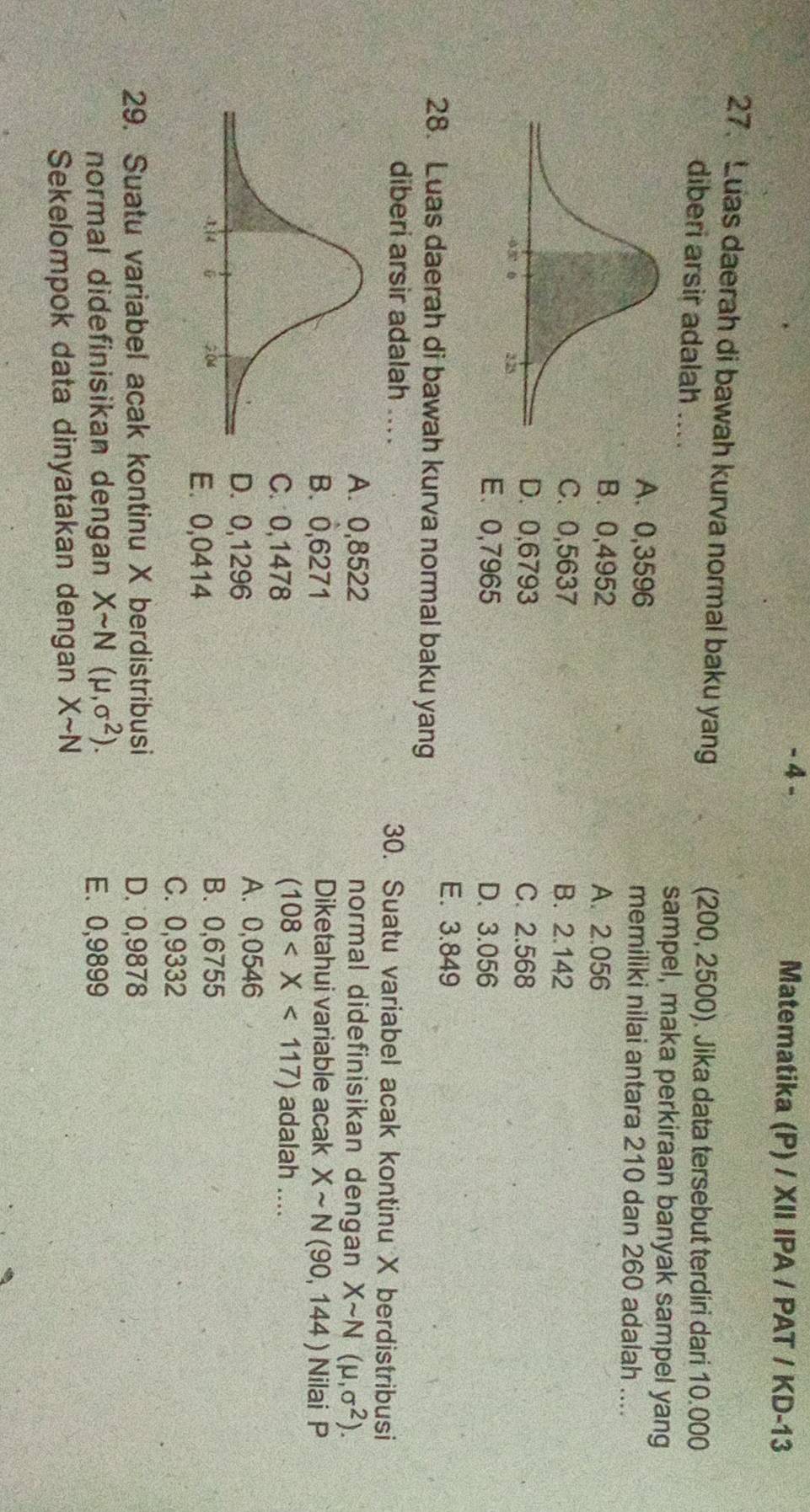 Matematika (P) / XII IPA / PAT / KD-13
27. Luas daerah di bawah kurva normal baku yang
(200, 2500). Jika data tersebut terdiri dari 10.000
diberi arsir adalah ....
sampel, maka perkiraan banyak sampel yang
A. 0,3596 memiliki nilai antara 210 dan 260 adalah ....
B. 0,4952 A. 2.056
C. 0,5637 B. 2.142
D. 0,6793 C. 2.568
E、 0,7965 D、 3.056
E. 3.849
28. Luas daerah di bawah kurva normal baku yang
diberi arsir adalah .... 30. Suatu variabel acak kontinu X berdistribusi
A. 0,8522 normal didefinisikan dengan Xsim N(mu ,sigma^2).
B. 0,6271 Diketahui variable acak Xsim N(90,144) Nilai P
C. 0,1478
(108 adalah ....
D. 0,1296
A. 0,0546
B. 0,6755
E. 0,0414
C. 0,9332
29. Suatu variabel acak kontinu X berdistribusi D. 0,9878
normal didefinisikan dengan Xsim N(mu ,sigma^2). E. 0,9899
Sekelompok data dinyatakan dengan Xsim N