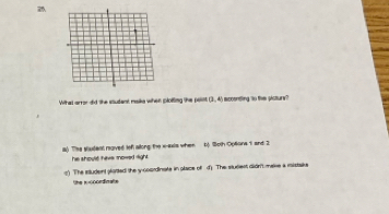 Wthat arror did the studant maike when ploiting the poos (3,4) scoentling to tie pctury?
a) The saudent maved lof allong: the x-axis when b Woth Optons 1 and 2
he shoult have mowed light .
c) The istudent plorted the y-coordinate in place of d) The stucect didn't make a mistake
She socoordimats