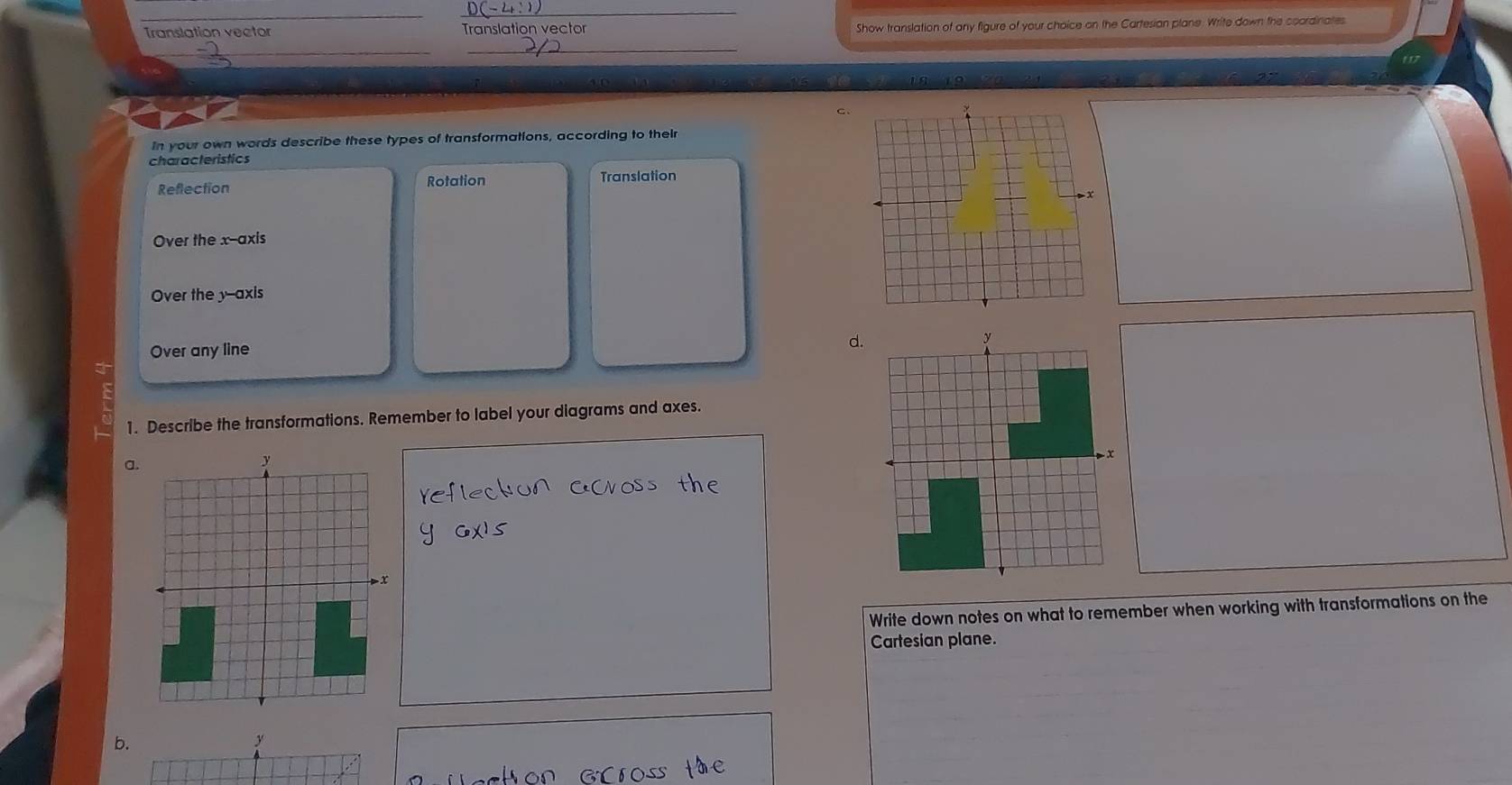 Translation vector Translation vector Show translation of any figure of your choice on the Cartesian plane. Write down the coordinates
_
_
19
C.
In your own words describe these types of transformations, according to their
characteristics
Reflection Rotation Translation
Over the x-axis
Over the y --axis
Over any line
d.
1. Describe the transformations. Remember to label your diagrams and axes.
a
Write down notes on what to remember when working with transformations on the
Cartesian plane.
b.
y