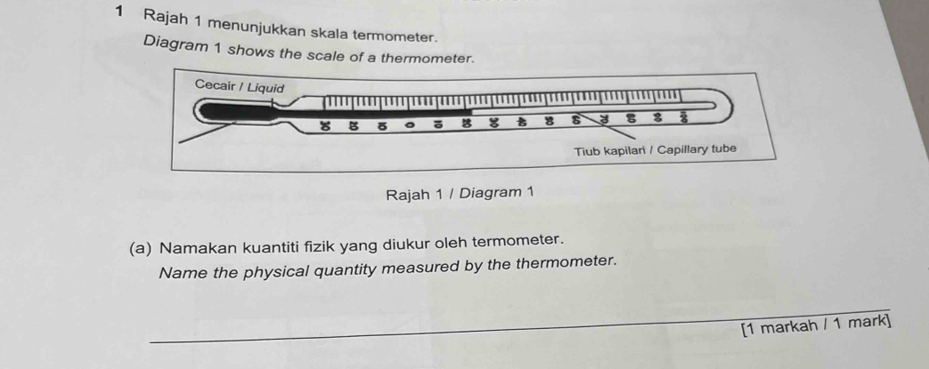 Rajah 1 menunjukkan skala termometer. 
Diagram 1 shows the scale of a thermometer. 
Rajah 1 / Diagram 1 
(a) Namakan kuantiti fizik yang diukur oleh termometer. 
Name the physical quantity measured by the thermometer. 
_ 
[1 markah / 1 mark]