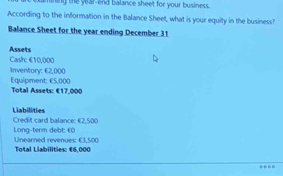 examining the year -end balance sheet for your business. 
According to the information in the Balance Sheet, what is your equity in the business? 
Balance Sheet for the year ending December 31 
Assets 
Cash: €10,000
Inventory: €2,000
Equipment: €5,000
Total Assets: €17,000
Liabilities 
Credit card balance: €2,500
Long-term debt: €0
Unearned revenues: €3,500
Total Liabilities: €6,000