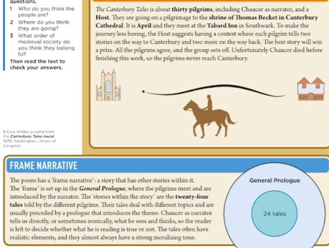questions. 
1 Who do you think the The Canterbury Tales is about thirty pilgrims, including Chaucer as narrator, and a 
people are? 
2 Where do you think Host. They are going on a pilgrimage to the shrine of Thomas Becket in Canterbury 
they are going? Cathedral. It is April and they meet at the Tabard Inn in Southwark. To make the 
3 What order of journey less boring, the Host suggests having a contest where each pilgrim tells two 
medieval society do stories on the way to Canterbury and two more on the way back. The best story will win 
you think they belong a prize. All the pilgrims agree, and the group sets off. Unfortunately Chaucer died before 
to? 
Then read the text to finishing this work, so the pilgrims never reach Canterbury. 
check your answers. 
1 Ezra Winter, a scene from 
the Canterbury Tales mural, 
Congress 1939, Washington, Library of 
FRAME NARRATIVE 
The poem has a ‘frame narrative’: a story that has other stories within it. General Prologue 
The ‘frame’ is set up in the General Prologue, where the pilgrims meet and are 
introduced by the narrator. The ‘stories within the story’ are the twenty-four 
tales told by the different pilgrims. Their tales deal with different topics and are 
usually preceded by a prologue that introduces the theme. Chaucer as narrator 24 tales 
tells us directly, or sometimes ironically, what he sees and thinks, so the reader 
is left to decide whether what he is reading is true or not. The tales often have 
realistic elements, and they almost always have a strong moralising tone.