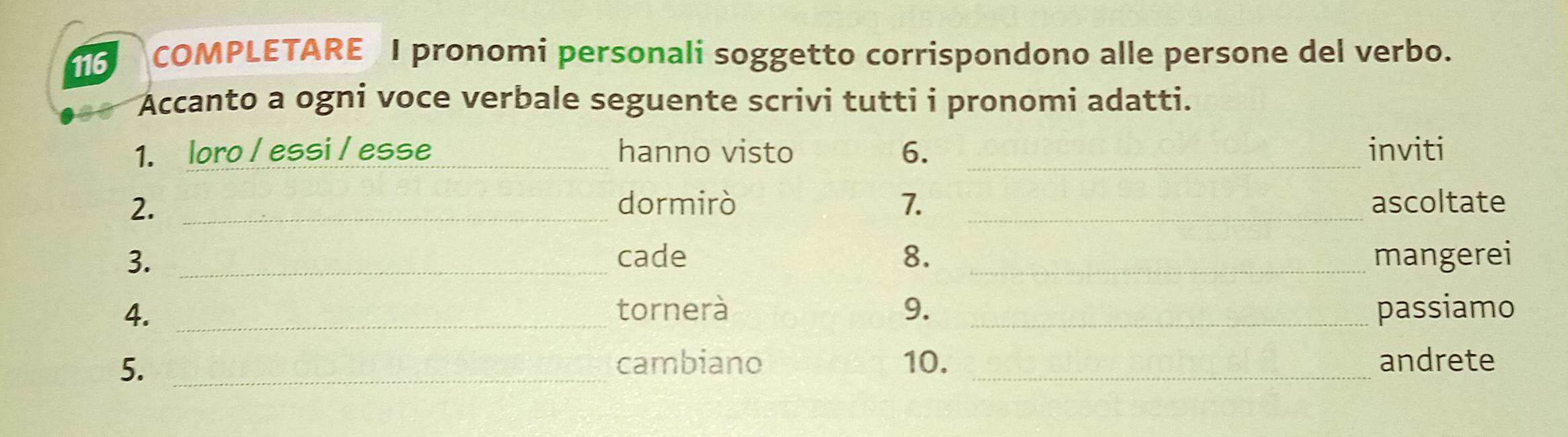 116 COMPLETARE I pronomi personali soggetto corrispondono alle persone del verbo. 
Accanto a ogni voce verbale seguente scrivi tutti i pronomi adatti. 
1. loro / essi / esse _hanno visto 6. _inviti 
2. _dormirò 7. _ascoltate 
3. _cade 8. _mangerei 
4. _tornerà 9. _passiamo 
5. _cambiano 10. _andrete