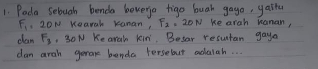 Pada sebuah bendo beverja tigo buah gaga, yaita
F_1=20N Kearah kanan, F_2=20N ke arah kanan, 
dan F_3 , 30N Kearah kin. Besar resultan gaya 
can arah gerak benda tersebut adalah. . .