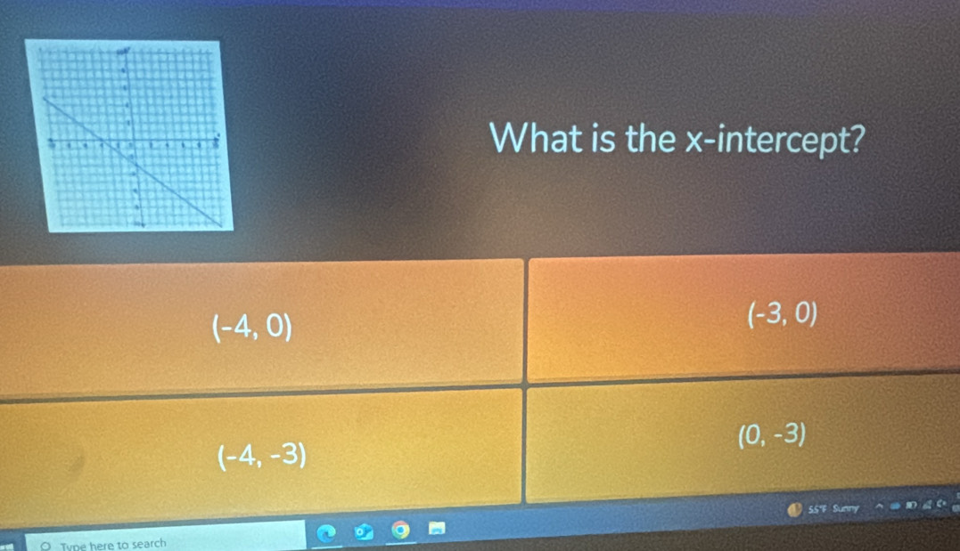 What is the x-intercept?
(-4,0)
(-3,0)
(0,-3)
(-4,-3)
55°F Sur
Type here to search