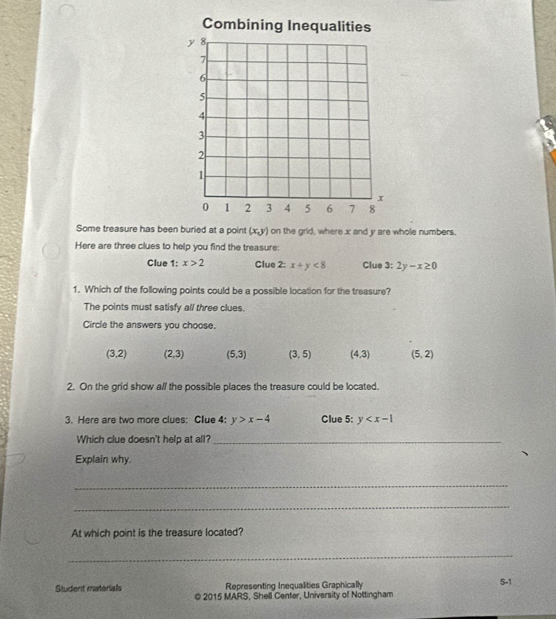 Some treasure has been buried at a point (x,y) on the grid, where x and y are whole numbers.
Here are three clues to help you find the treasure:
Clue 1: x>2 Clue 2: x+y<8</tex> Clue 3: 2y-x≥ 0
1. Which of the following points could be a possible location for the treasure?
The points must satisfy all three clues.
Circle the answers you choose.
(3,2) (2,3) (5,3) (3,5) (4,3) (5,2)
2. On the grid show all the possible places the treasure could be located.
3. Here are two more clues: Clue 4: y>x-4 Clue 5: y
Which clue doesn't help at all?_
Explain why.
_
_
At which point is the treasure located?
_
Studerit materials Representing Inequalities Graphically
S-1
@ 2015 MARS, Shell Center, University of Nottingham