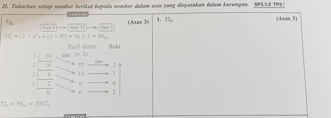 Tukarkan setiap nombor berikut kepada nombor dalam asas yang dinyatakan dalam kurungan. SP2.1.2 TP3
CONTOH