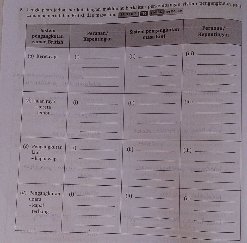 Lengkapkan jadual berikut dengan maklumat berkaitan perkembangan sistem pengangkutan pada 
Tcko m/s 150− 152
_