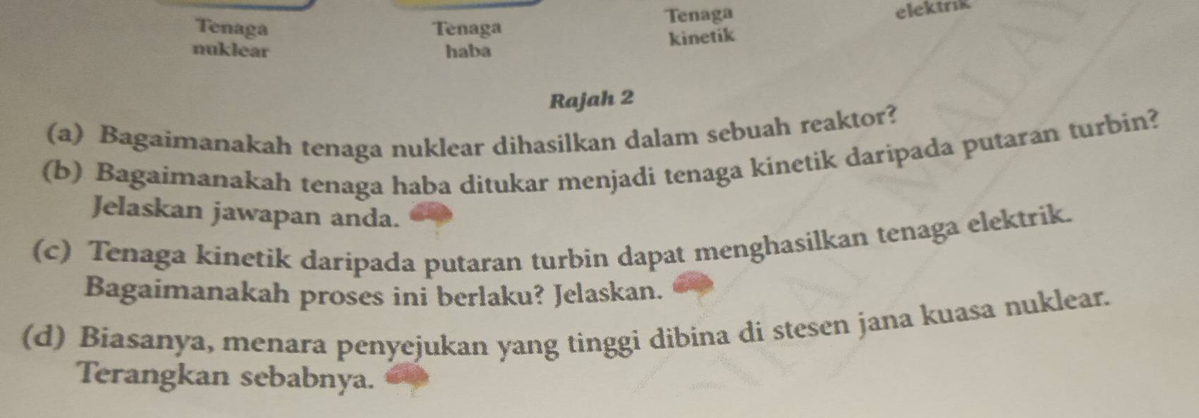 Tenaga Tenaga Tenaga 
elektrik 
kinetik 
nuklear haba 
Rajah 2 
(a) Bagaimanakah tenaga nuklear dihasilkan dalam sebuah reaktor? 
(b) Bagaimanakah tenaga haba ditukar menjadi tenaga kinetik daripada putaran turbin? 
Jelaskan jawapan anda. 
(c) Tenaga kinetik daripada putaran turbin dapat menghasilkan tenaga elektrik. 
Bagaimanakah proses ini berlaku? Jelaskan. 
(d) Biasanya, menara penyejukan yang tinggi dibina di stesen jana kuasa nuklear. 
Terangkan sebabnya.