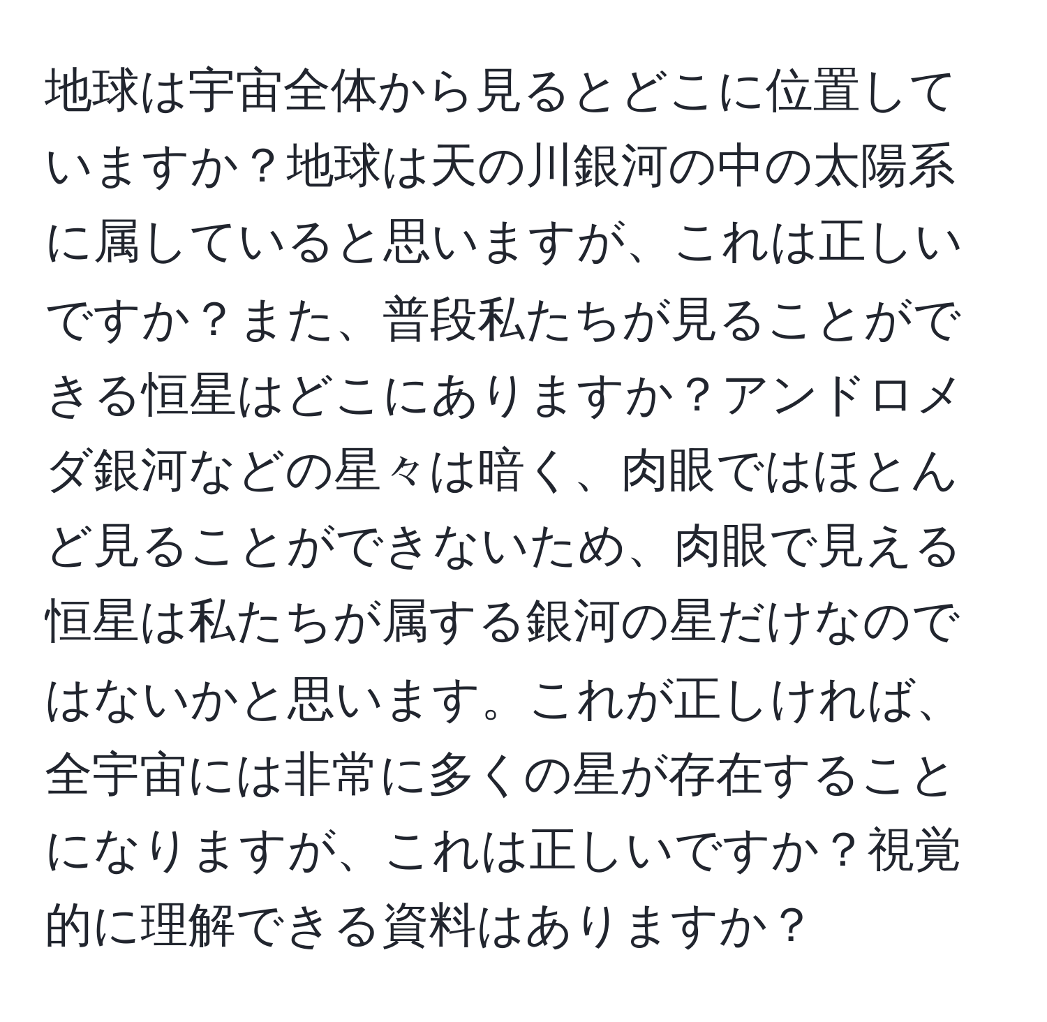 地球は宇宙全体から見るとどこに位置していますか？地球は天の川銀河の中の太陽系に属していると思いますが、これは正しいですか？また、普段私たちが見ることができる恒星はどこにありますか？アンドロメダ銀河などの星々は暗く、肉眼ではほとんど見ることができないため、肉眼で見える恒星は私たちが属する銀河の星だけなのではないかと思います。これが正しければ、全宇宙には非常に多くの星が存在することになりますが、これは正しいですか？視覚的に理解できる資料はありますか？