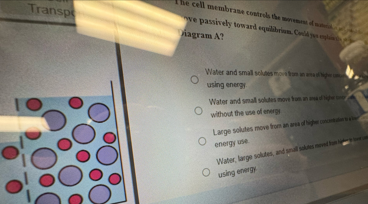 Transp
t he cell membrane controls the movement of material in an 
ove passively toward equilibrium. Could you explain the ot
Diagram A?
Water and small solutes move from an area of higher concen
using energy.
Water and small solutes move from an area of higher conc
without the use of energy.
Large solutes move from an area of higher concentration to a lowe" 
energy use.
Water, large solutes, and small solutes moved from higher to lower cas
using energy.