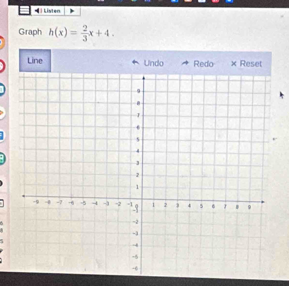 Listen 
Graph h(x)= 2/3 x+4. 
Line Undo Redo × Reset
6
S